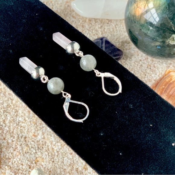 Genuine Labradorite & Rose Quartz Crystal Earrings in Sterling Silver - Picture 4 of 4